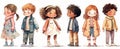 Cute cartoon preschooler, boys and girls, full length portrait, isolated watercolor characters. Generative AI