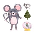 Cute cartoon pretty little gray mouse.Christmas watercolor illustration, hand painted, isolated Royalty Free Stock Photo