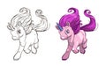 Cute cartoon pretty unicorn. Outline and colored versions. Royalty Free Stock Photo