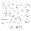 Cute cartoon princess collection . Doodle fairytale set for kids. Hand drawn vector illustration isolated on white.