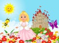 Cute cartoon princess in the floral garden