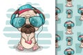 Cute cartoon Pug Dog with headphones on a white background