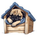 Cute Pug In Dog House Watercolor Clipart Illustration AI Generative