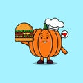 Cute cartoon Pumpkin chef character holding burger