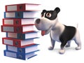 Cute cartoon puppy dog looking at a huge stack of folders and files, 3d illustration Royalty Free Stock Photo