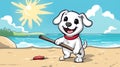 Happy Cartoon Dog on Beach Playing with Stick Royalty Free Stock Photo