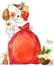 Cute cartoon puppy watercolor illustration. Dog year greeting card.