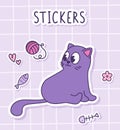 A cute cartoon purple cat sits and looks away. Sticker of a cat with toys on a checkered background. Label Sticker.