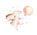 Cute cartoon rabbit animal hand drawn watercolor bunny illustration with air balloon. kids nursery wear fashion design