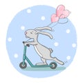 Cute cartoon rabbit with balloons riding scooter.