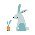 Cute cartoon rabbit or bunny sitting in front of carrot. Doodle style vector illustration