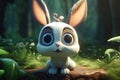 Cute Cartoon Rabbit Cat With Very Big Eyes Magic Forest. Generative AI Royalty Free Stock Photo