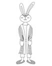 Cute cartoon rabbit coloring page. Rabbit in robe and slippers. Rabbit wake up in the morning. Coloring book for