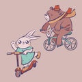 Cute cartoon rabbit in dress on scooter and bear on bike vector illustration