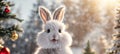 Cute cartoon friendly rabbit in a snowy meadow fluffy winter design