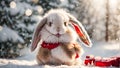 Cute cartoon friendly rabbit in a snowy meadow fluffy winter design template beautiful