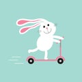 Cute cartoon rabbit hare riding a kick scooter. Speed line. Baby background. Flat design.