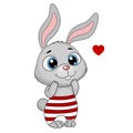 Cute cartoon rabbit with a heart. Easter bunny in striped pants. Greeting card, vector illustration