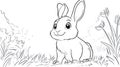 Cute Rabbit Outline Sitting in Grass with Flowers Royalty Free Stock Photo