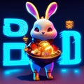 Cute cartoon rabbit with a pot of gold coins and the inscription D. AI generated