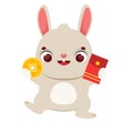 Cute cartoon rabbit with red envelope and golden coin money. 2023 Happy Chinese new year mascot hare. Lunar zodiac animal bunny