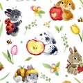 Cute cartoon rabbit seamless pattern. forest animal illustration. watercolor funny pet in the spring garden.