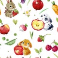 Cute cartoon rabbit seamless pattern. forest animal illustration. watercolor funny pet in the spring garden.