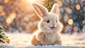 Cute cartoon rabbit in a snowy meadow fluffy winter