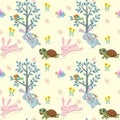 Cute cartoon Rabbit and turtle racing seamless pattern. Royalty Free Stock Photo