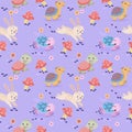 Cute cartoon rabbit and turtle running on purple color  seamless pattern. Royalty Free Stock Photo