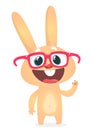 Cute cartoon rabbit wearing big eyesglasses waving hand. Vector illustration of smart and silly bunny.
