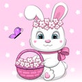 Cute cartoon rabbit wears flower wreath and holds a basket of flowers.