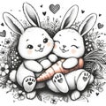 Cute cartoon rabbits with hearts and flowers. Vector illustration for your design.