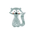 Cute cartoon raccoon. Forest animal vector. Linocut style vector illustration, isolated on white background