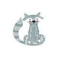 Cute cartoon raccoon. Forest animal vector. Linocut style vector illustration, isolated on white background