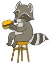 Cute cartoon raccoon holding big tasty sandwich