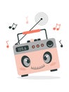 Cute cartoon radio smiling surrounded by music notes, in retro style, pink with antenna and carrying handle. Vector