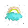 Cute cartoon rainbow on blue cloud icon. Colored funny rainbow and cloud with decoration on background. Cartoon blue