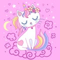 Cute, cartoon, rainbow cat unicorn on a pink background. Vector Royalty Free Stock Photo