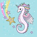 Cute cartoon, rainbow seahorse unicorn with starfish. Vector