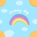Cute cartoon rainbow with sun and handwritten slogan on sky background with doodle elements, editable vector illustration Royalty Free Stock Photo