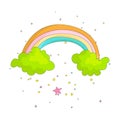 Cute cartoon rainbow on two green clouds icon. Colored funny rainbow and two clouds with decoration on white background