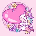 Cute cartoon rainbow unicorn holding a heart. Children s design. Vector Royalty Free Stock Photo