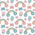 Cute cartoon rainbows with daisy flowers, lollipops, hearts and butterflies seamless pattern vector background illustration Royalty Free Stock Photo