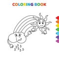 Cute cartoon rainy cloud with sun coloring book for kids. black and white vector illustration for coloring book. rainy cloud with