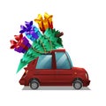 Cute cartoon red car with Christmas tree and gifts isolated on white background. Royalty Free Stock Photo