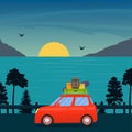 Cute cartoon red car with surfboard and suitcases on road with sea, sun and mountains behind. Family trip by car. Vector flat illu Royalty Free Stock Photo