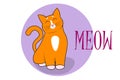 A cute cartoon red cat, kitty sit with closed eyes and happy face, muzzle. With the inscription Meow