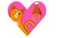 A cute cartoon red cat, kitty sits with narrowed eyes next to the hanging ham. Vector