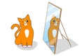 A cute cartoon red cat, kitty is sitting straight and looks at its reflection in the mirror. Vector isolated Royalty Free Stock Photo